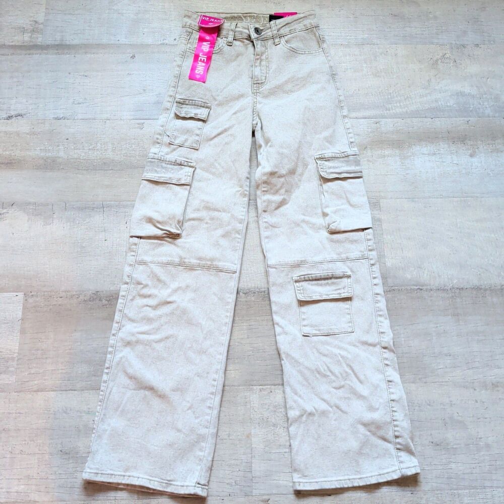 VIP Jeans Women's Cargo Pants Size 0 Beige Utility Wide Leg NWT